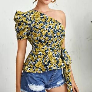 Yellow & Green Floral Asymmetric One-Shoulder Top